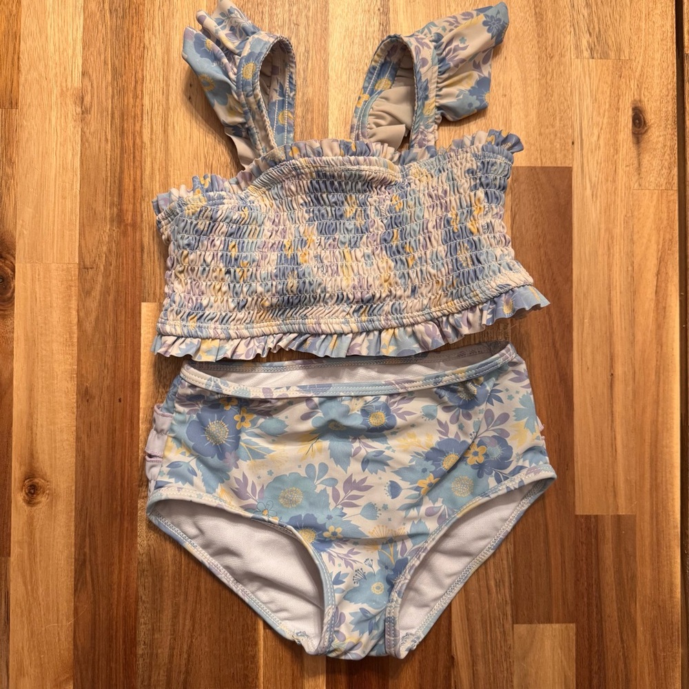 RuffleButts Girls Blue Floral Smocked Ruffle Two Piece Swimsuit Size 6